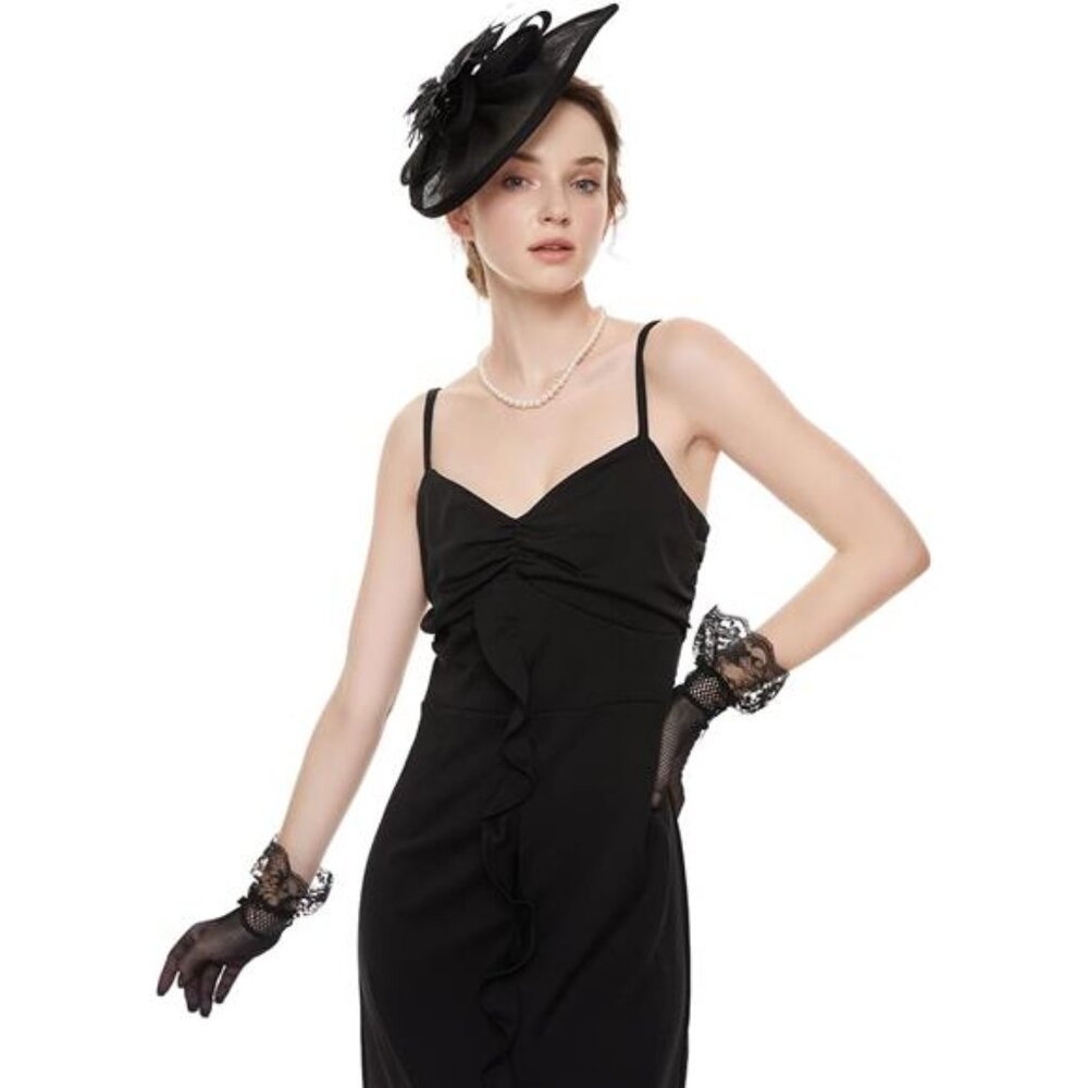 Fascinator Hat Veil Feather Fascinator Tea Party Black Hat&glove - Picture 3 of 6